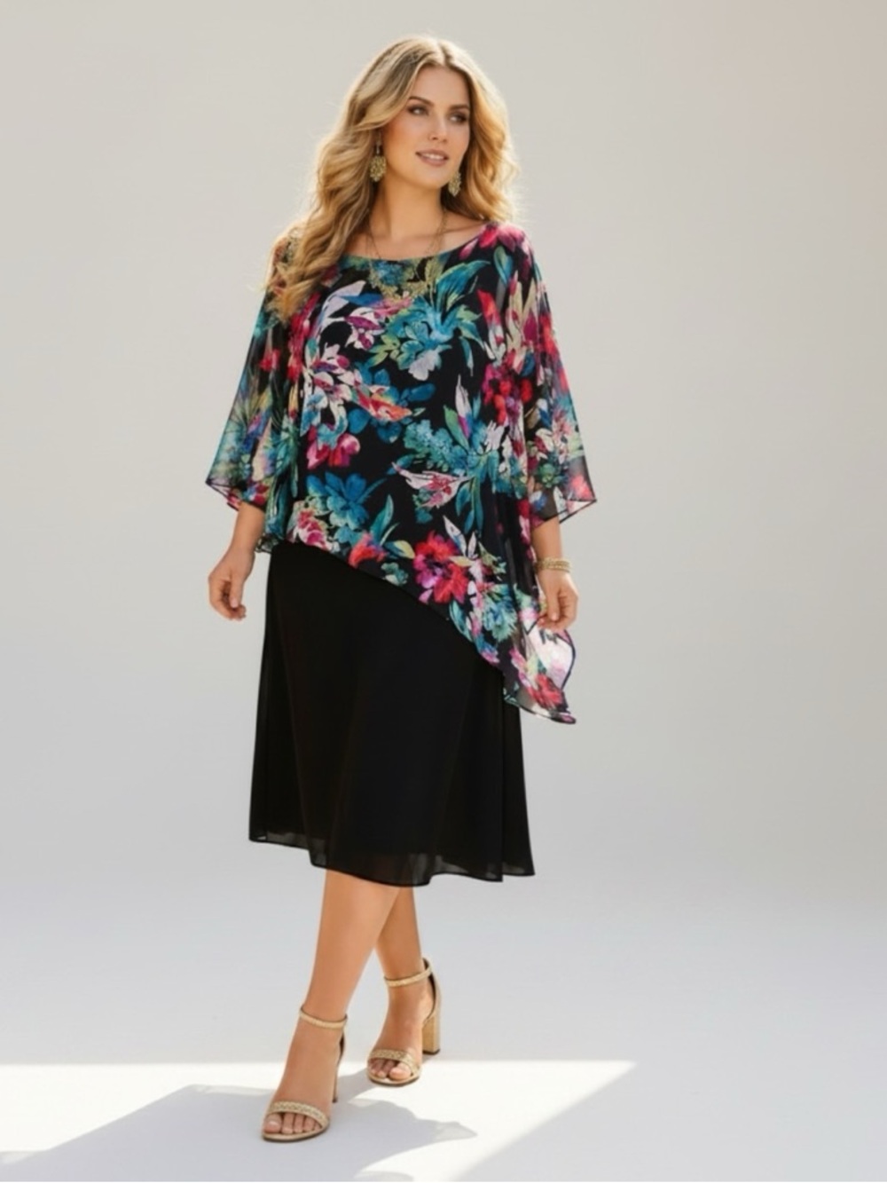 Connected Apparel Women's Black Printed Cape Overlay Sheath Dress Plus Size 22W